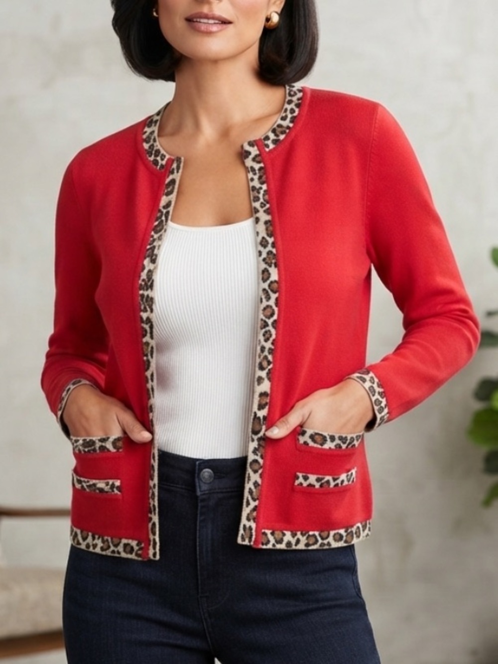 Vintage 90sCaché Red Merino Wool Cardigan Sweater M Leopard Trim USA UNITE Unite